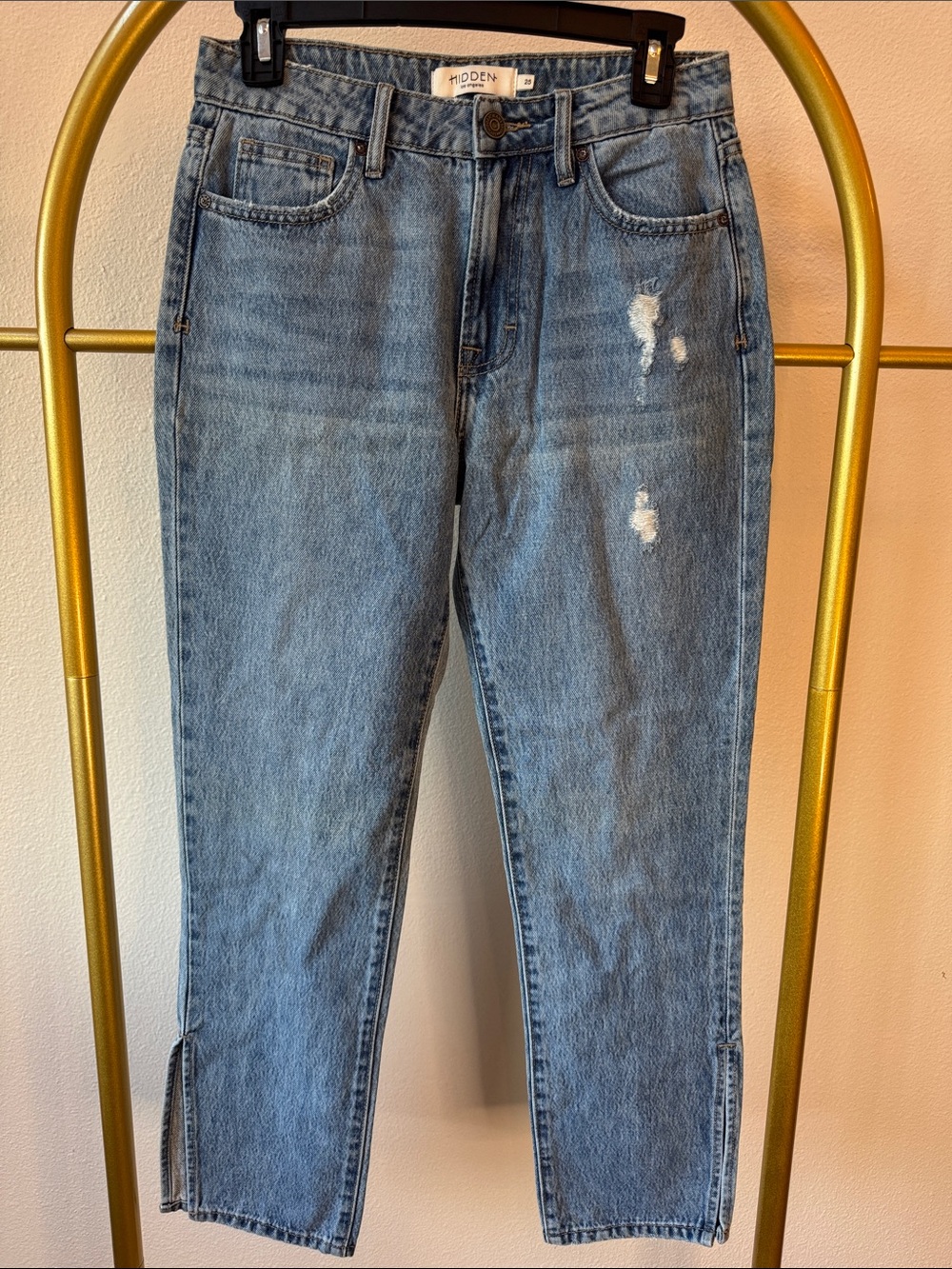 Mid Wash Straight Leg Jeans with Ankle Slits